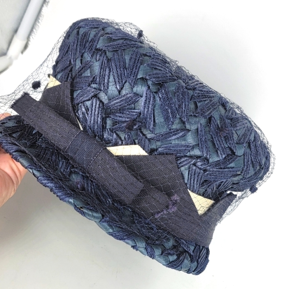 Vtg Straw Cloche Hat Navy Blue With Mesh Net‎ Overlay Union Made USA